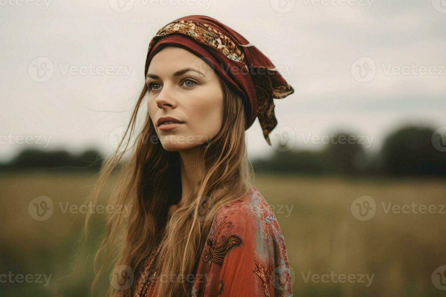 Boho woman field portrait. Generate Ai photo