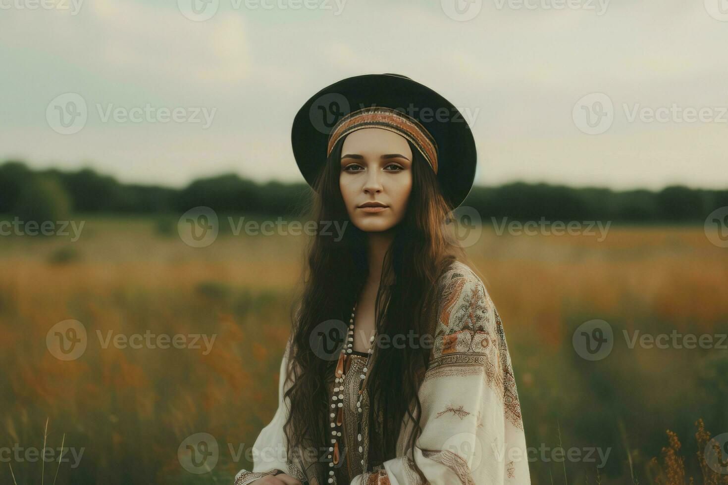 Boho woman field nature. Generate Ai photo