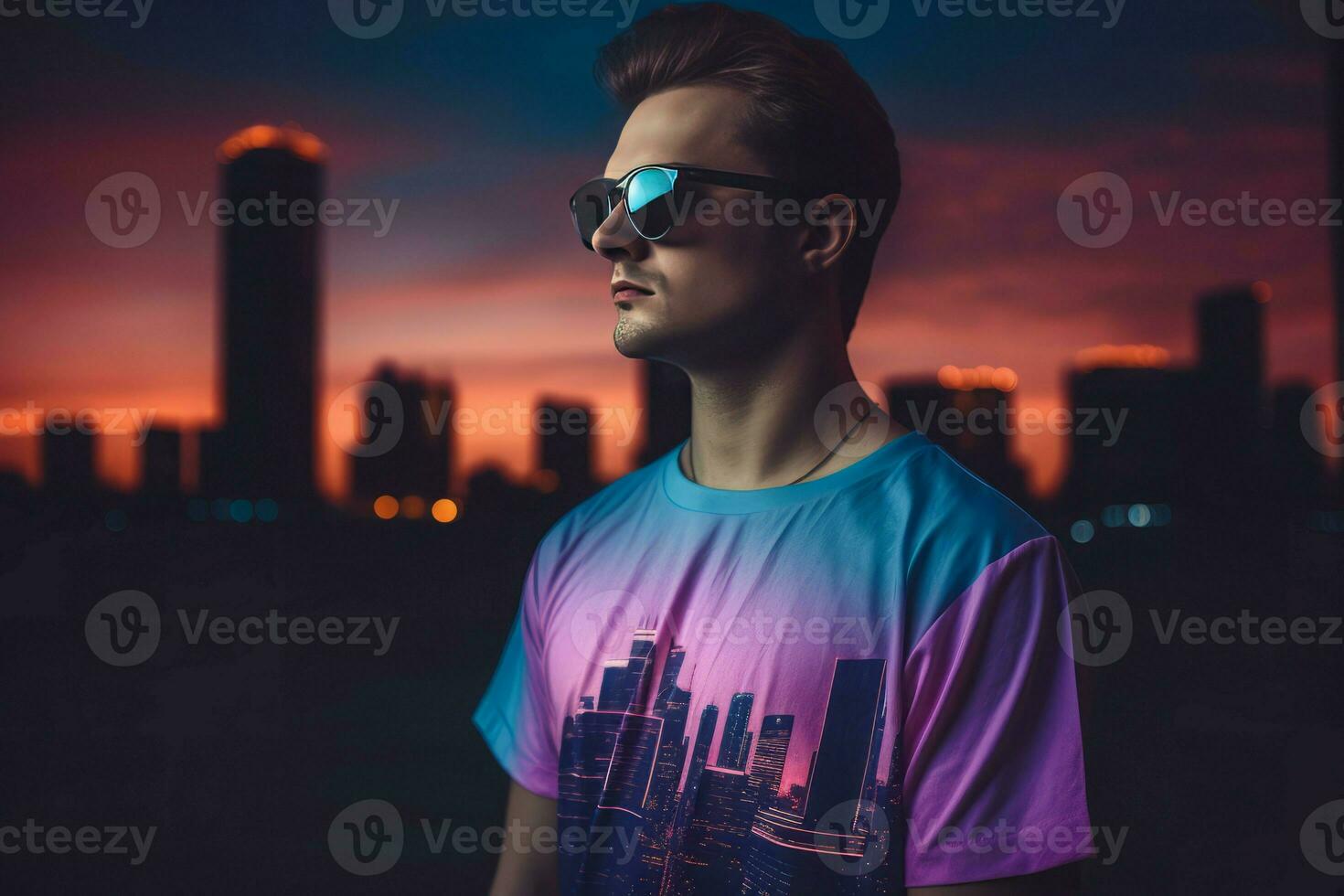 Retrowave fashion clothing at night. Generate Ai photo