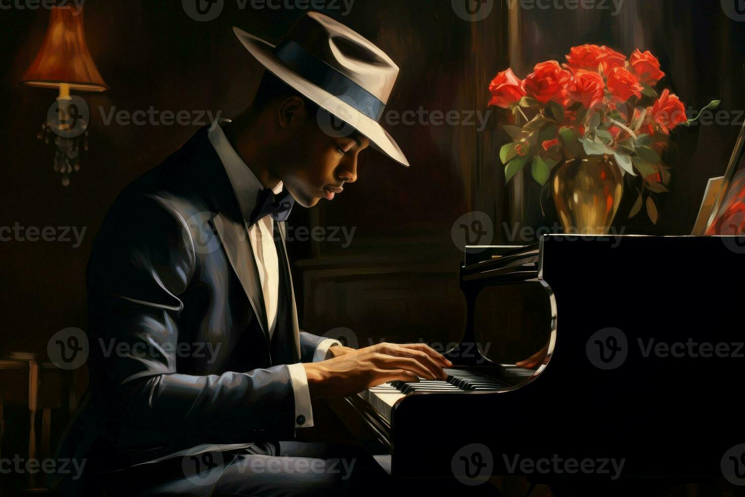 Afro american man piano in jazz bar. Generate Ai photo