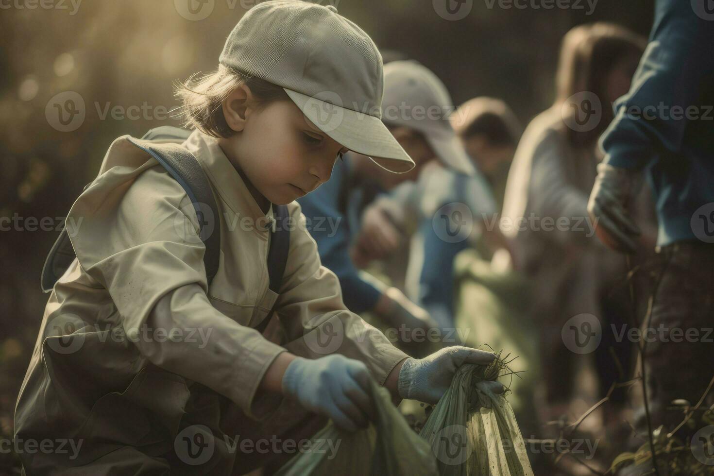 Children picking up trash outdoor. Generate Ai photo