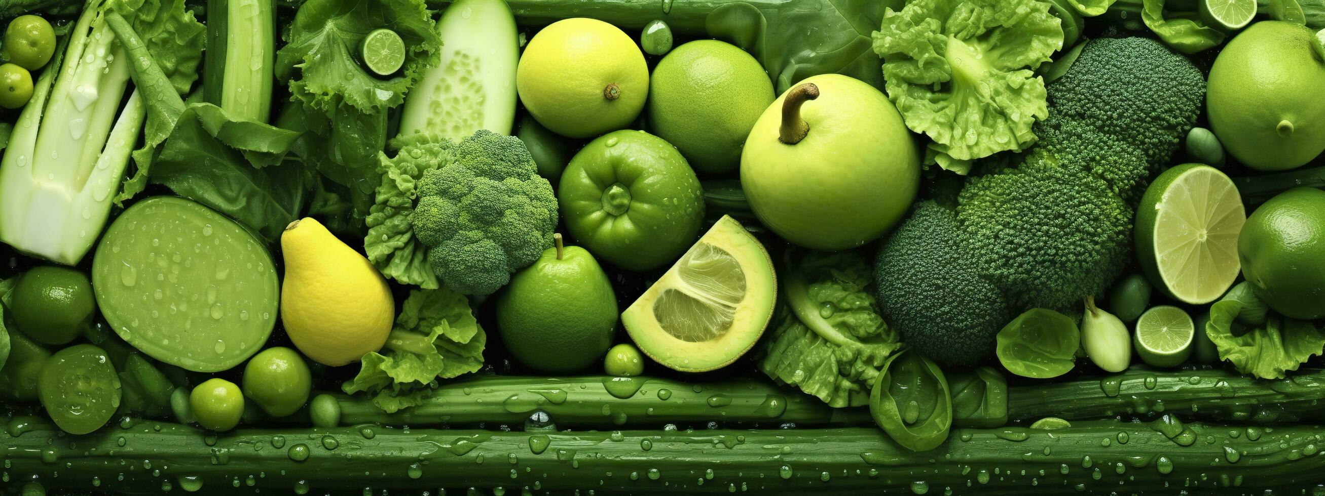 Banner layout of green fruits and vegetables. Generative AI. photo