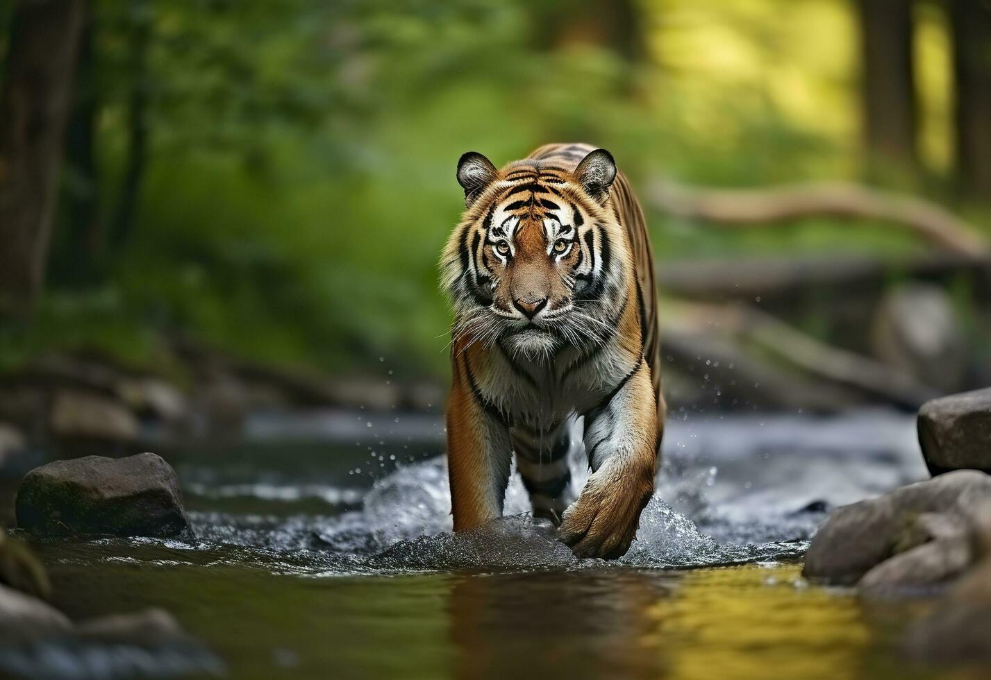 Amur tiger walking in the water. Dangerous animal.  Animal in a green forest stream. Generative AI photo
