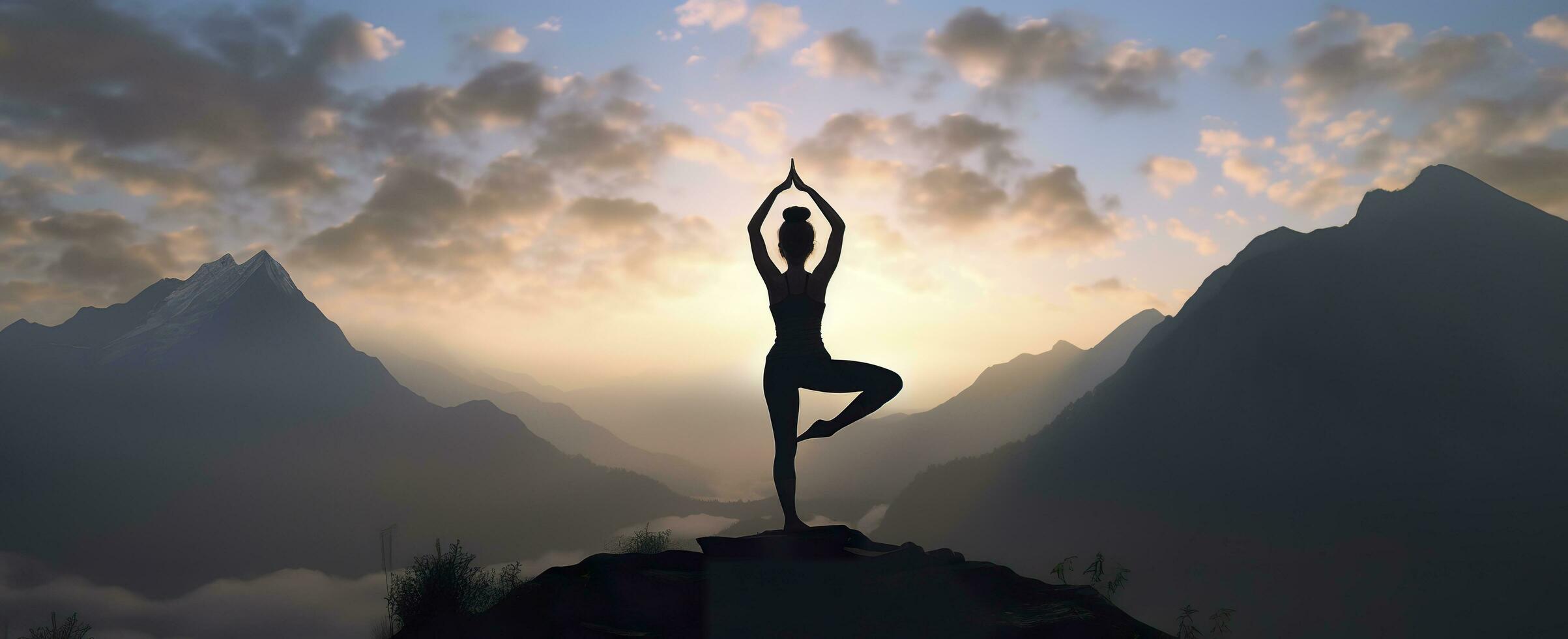 silhouette of a woman practicing yoga in the summit with mountain Background. AI Generated photo