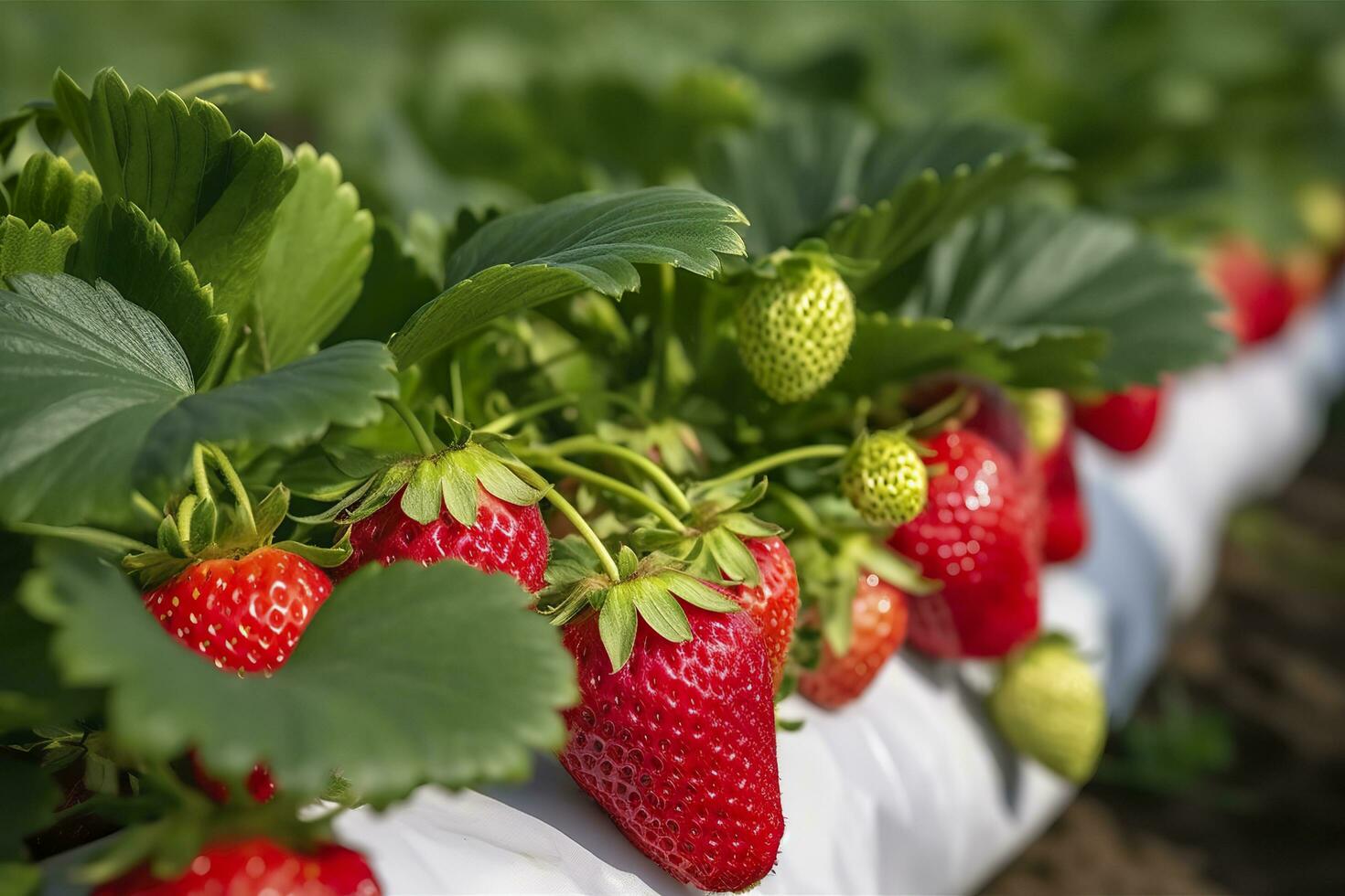 Bush of ripe organic strawberries in the garden. Berry closeup. Generative AI photo
