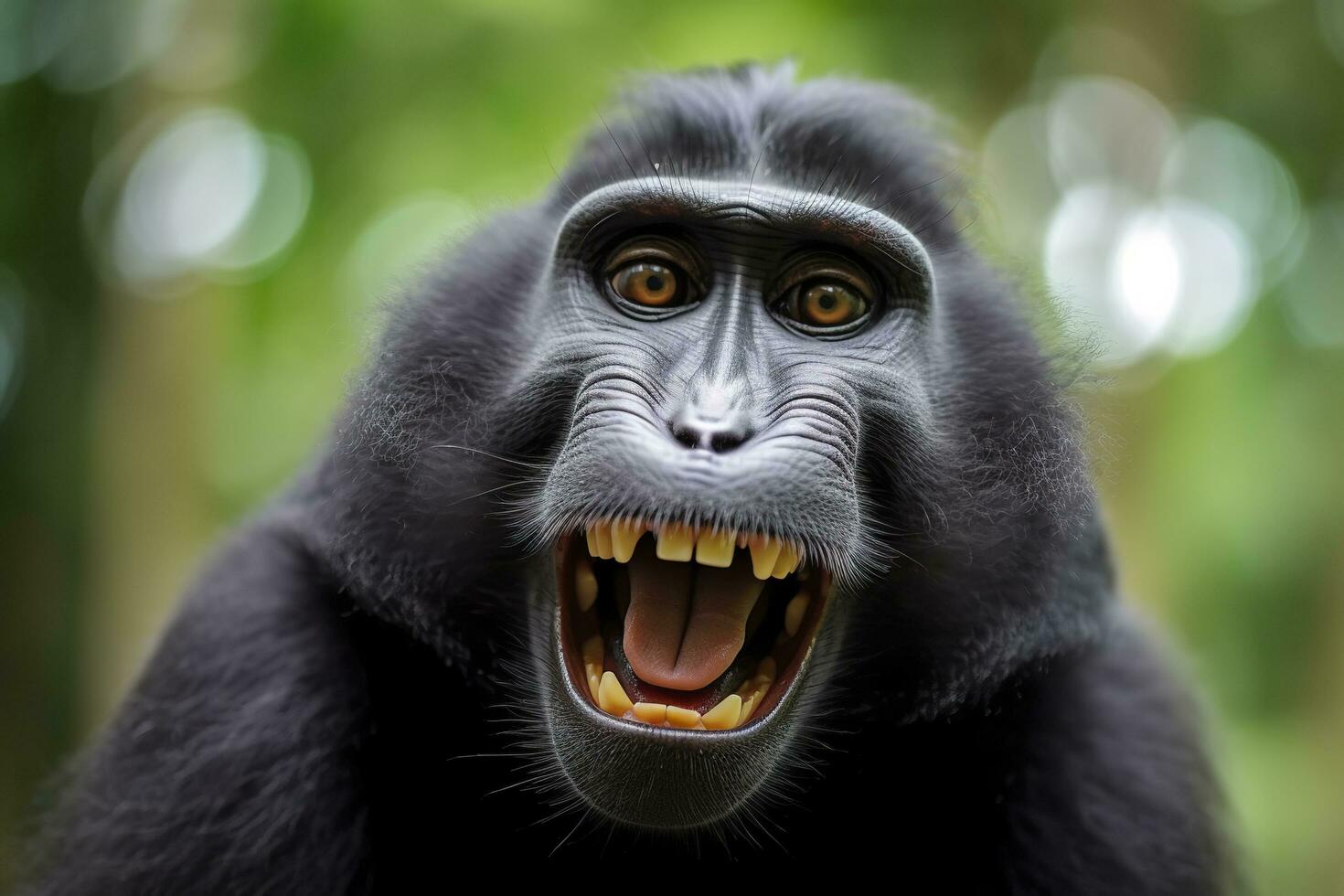 Celebes crested macaque with open mouth. Close up on the green natural background. Generative AI photo