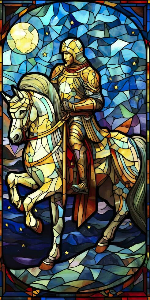 A Knight in Shining Armor. An Illustration of a Mythical Ancient Paladin in Stained Glass Renaissance Fresco Style. AI Generative photo