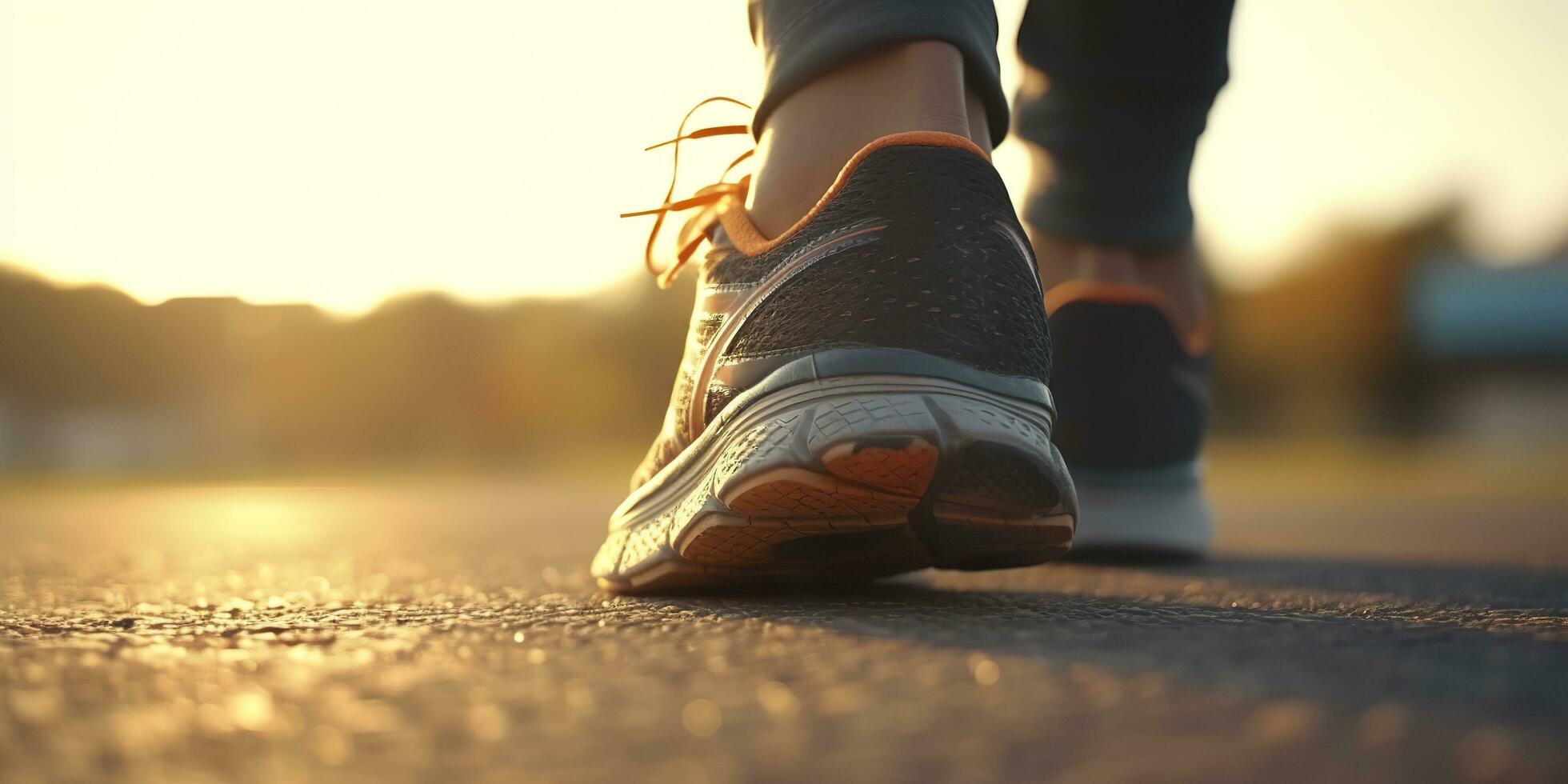 Close up on the shoe, Runner athlete feet running on the road under sunlight in the morning. AI Generative photo