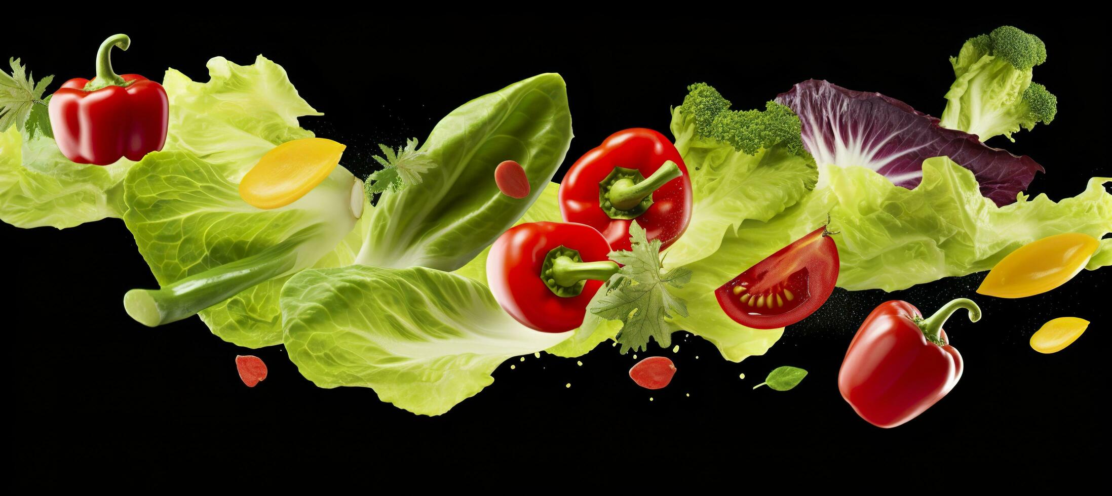 Falling vegetables, salad of bell pepper, tomato, and lettuce leaves. Generative AI photo
