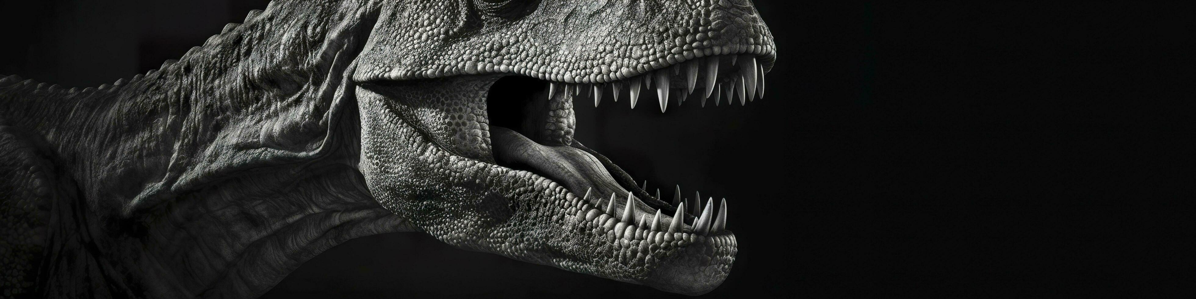 Black and white photorealistic studio portrait of a Tyrannosaurus Rex on black background. Generative AI photo