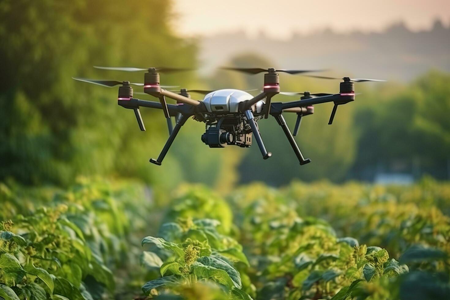 Drone monitoring crops and smart agriculture in a digital farming.  AI Generative photo
