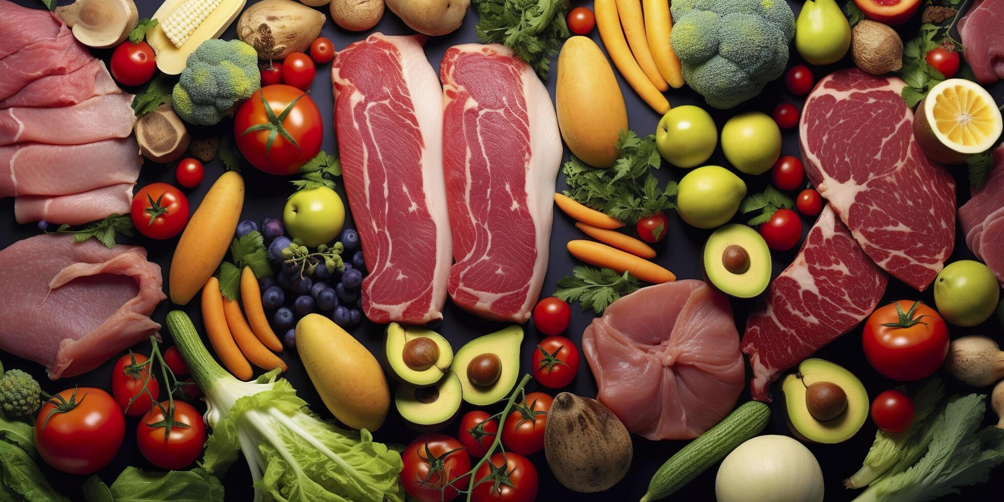 Different types of meats, vegetables, and fruits lay in supermarkets