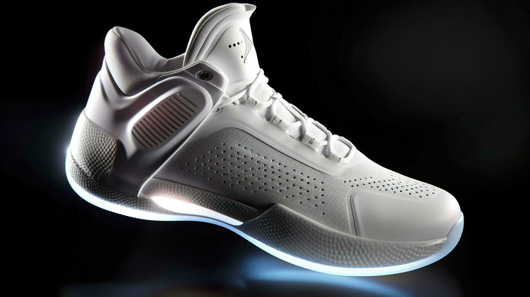 Futuristic fashion original sneakers. Future design of stylish sports shoes with neon glow, futuristic urban aesthetics. Sportswear, style and fashion, tomorrow footwear. AI Generative photo