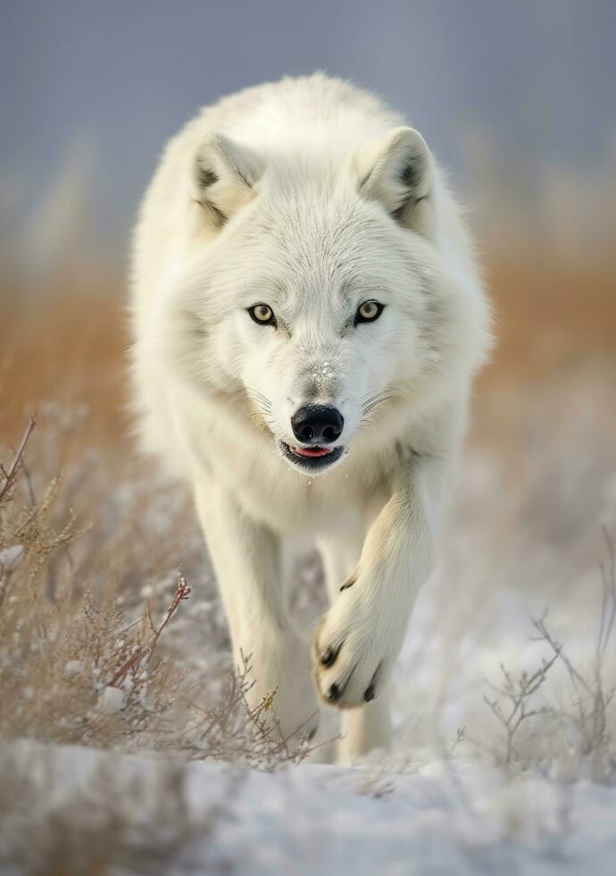 The Wolf Gaze, A Moment of Life in the Arctic Wilderness. AI Generative photo