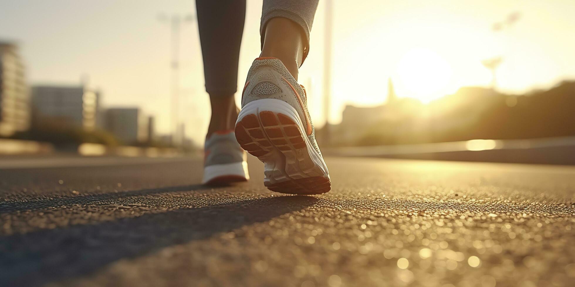 Close up on the shoe, Runner athlete feet running on the road under sunlight in the morning. AI Generative photo