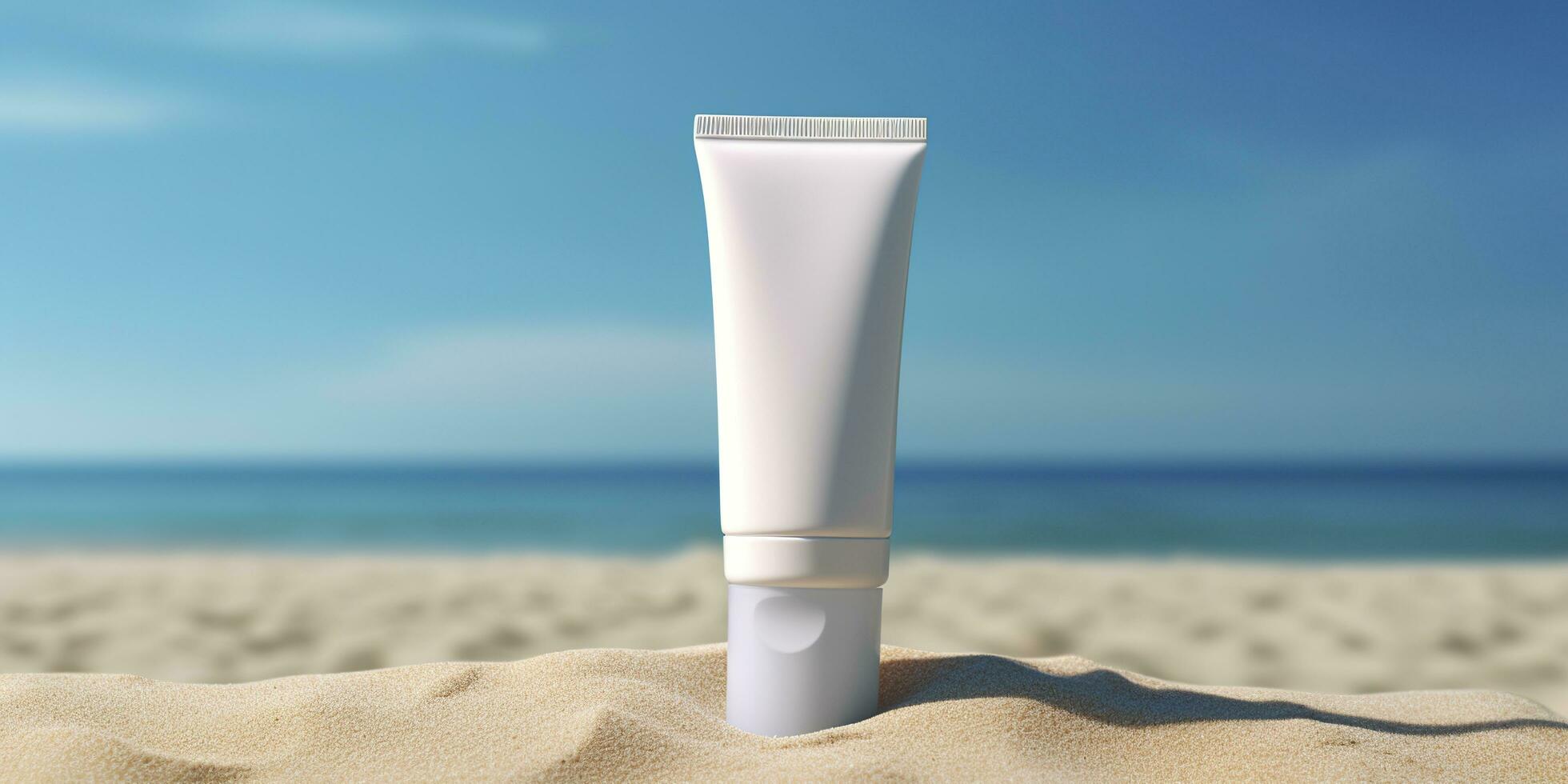 Blank empty white plastic tube. Sunscreen lotion on a sandy beach, summer composition with sunglasses, blue sea as background, copy space. Summer vacation and skin care concept, AI Generative photo