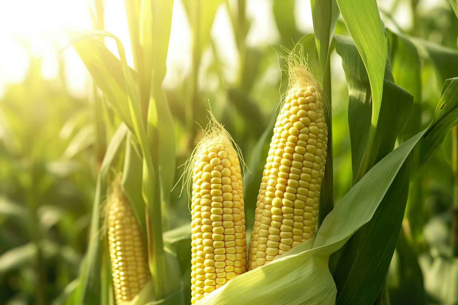 Closeup corn cobs in corn plantation field. Generative AI photo