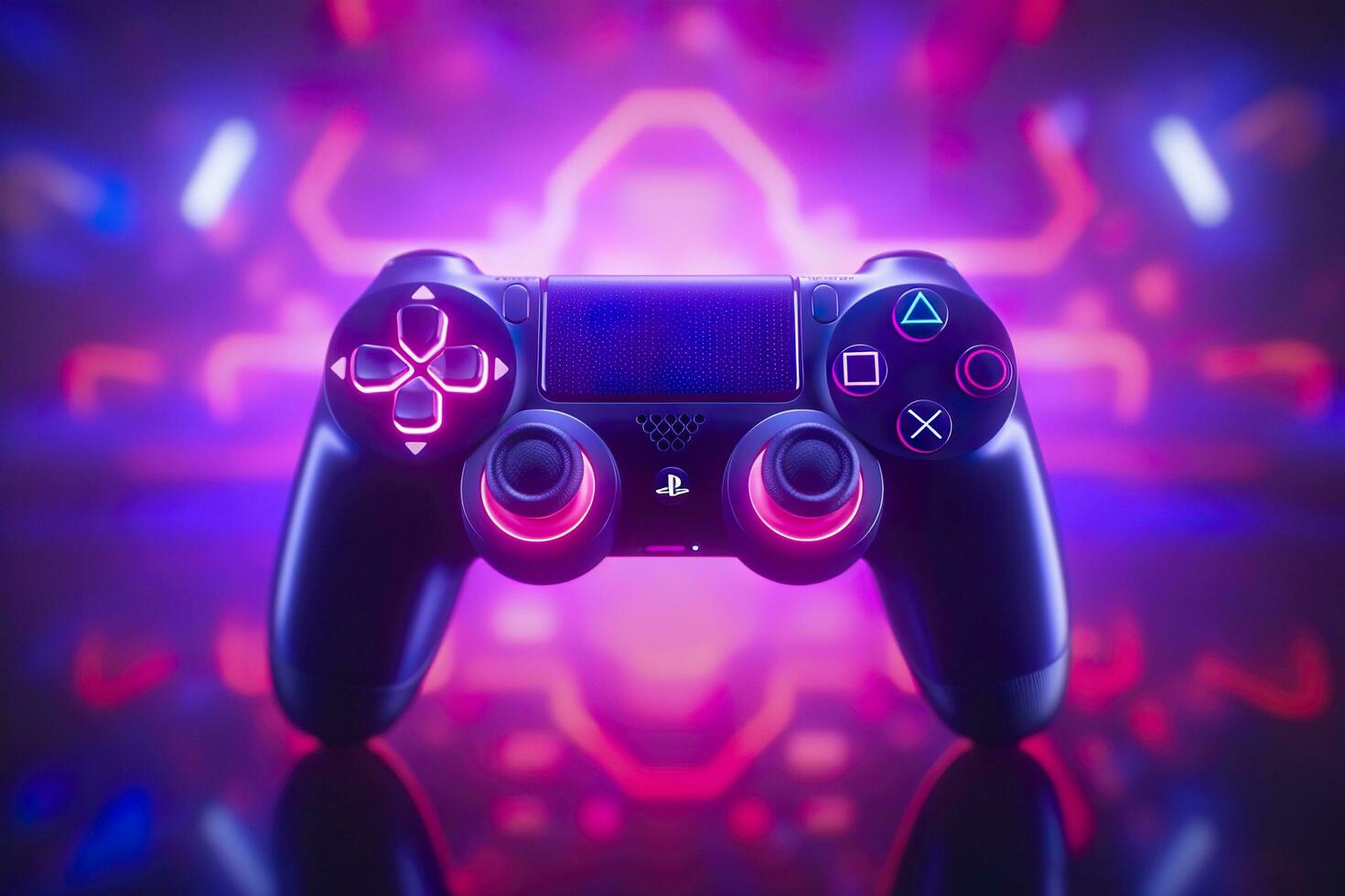 Video game controller with bright neon light streaks. Computer gamer background, 3D octane render. Game concept ideas.  AI Generative photo