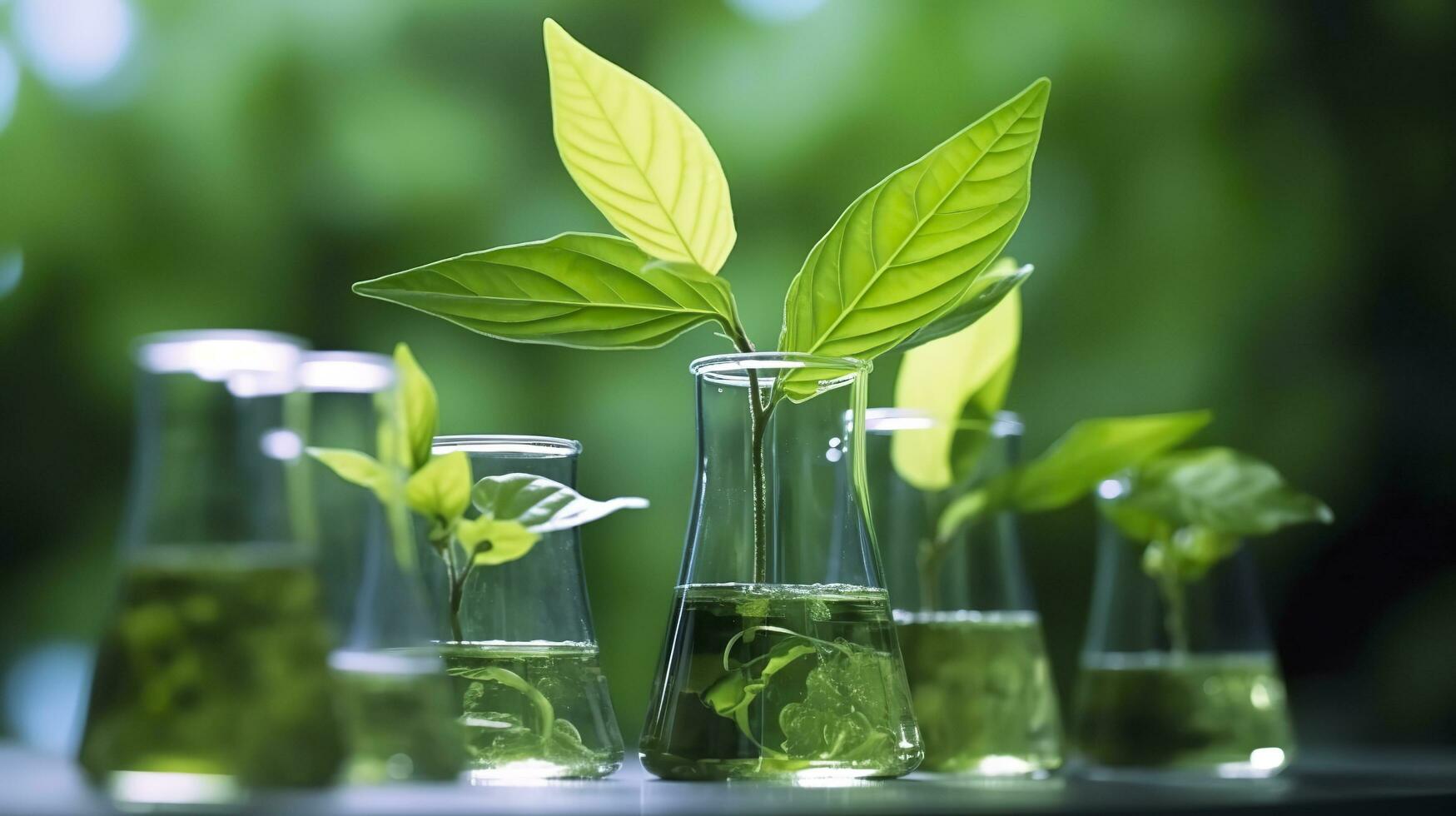 Biotechnology concept with green plant leaves, laboratory glassware, and conducting research, illustrating the powerful combination of nature and science in medical advancements.  AI Generative photo