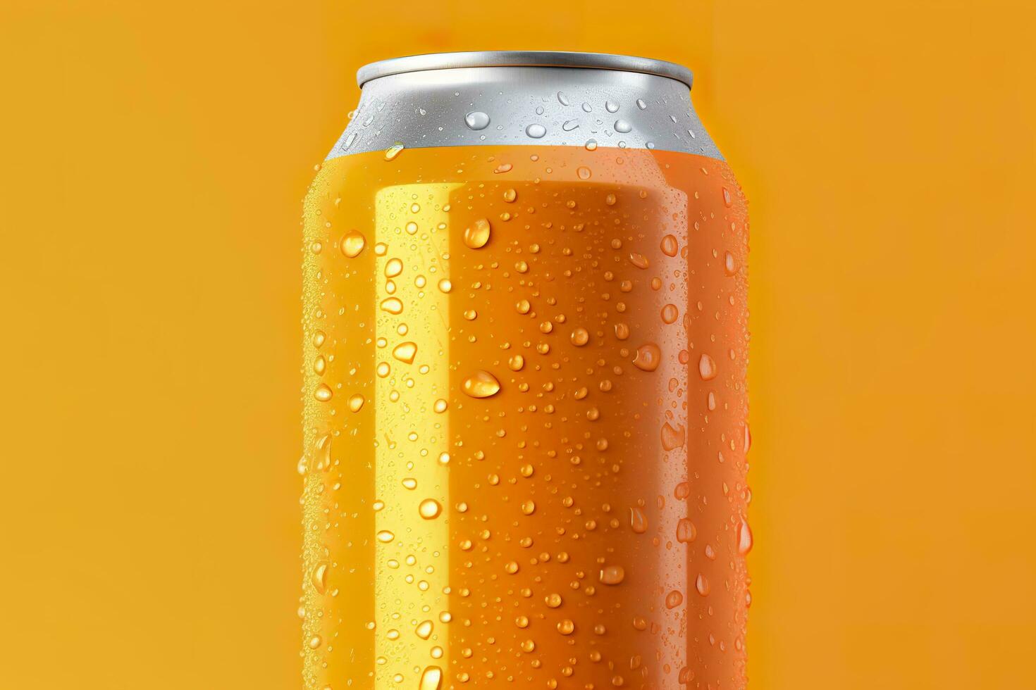 Can of fresh soda with water drops on orange background, closeup. Generative AI photo