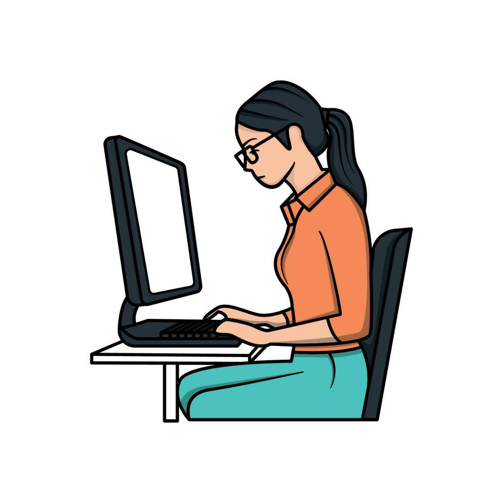 Young woman using computer. Flat vector illustration with female characters
