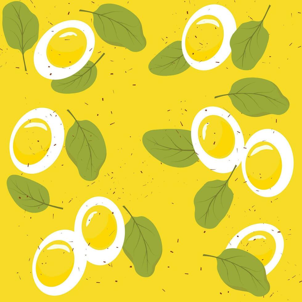 Egg and spinach. A fun seamless pattern for the kitchen. Vector illustration of breakfast.