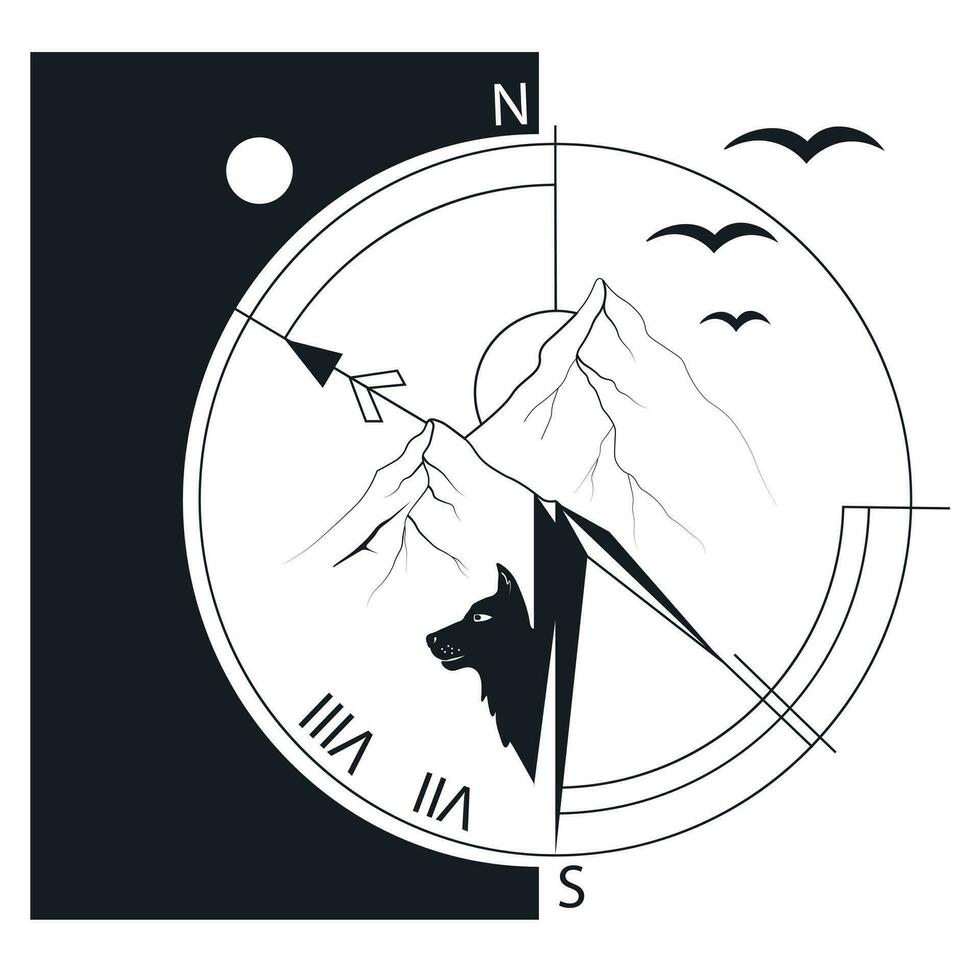 Mountains and compass. Brand Identity Logo Designs Vector Illustration Template. Isolated on a white background.
