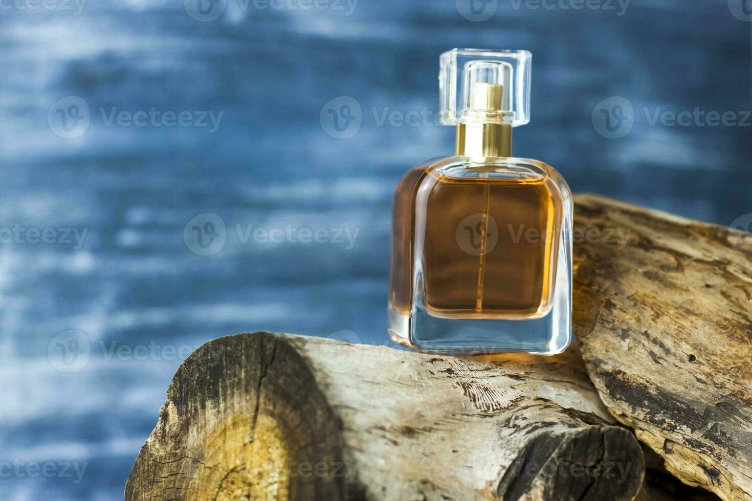 A bottle of perfume on the background of a dry stump and tree bark. Stylish appearance, layout, personality. Banner, a place for the text. photo