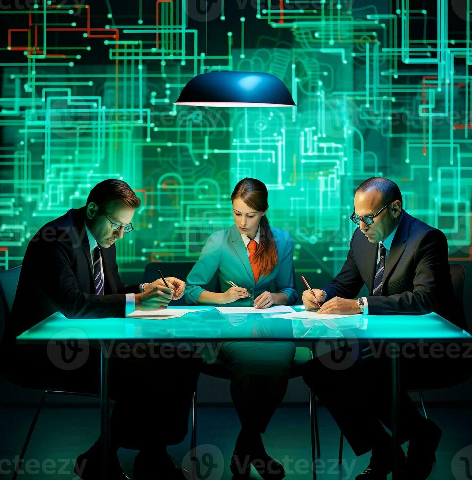 Three business people working on their documents at a table, business and marketing stock photos