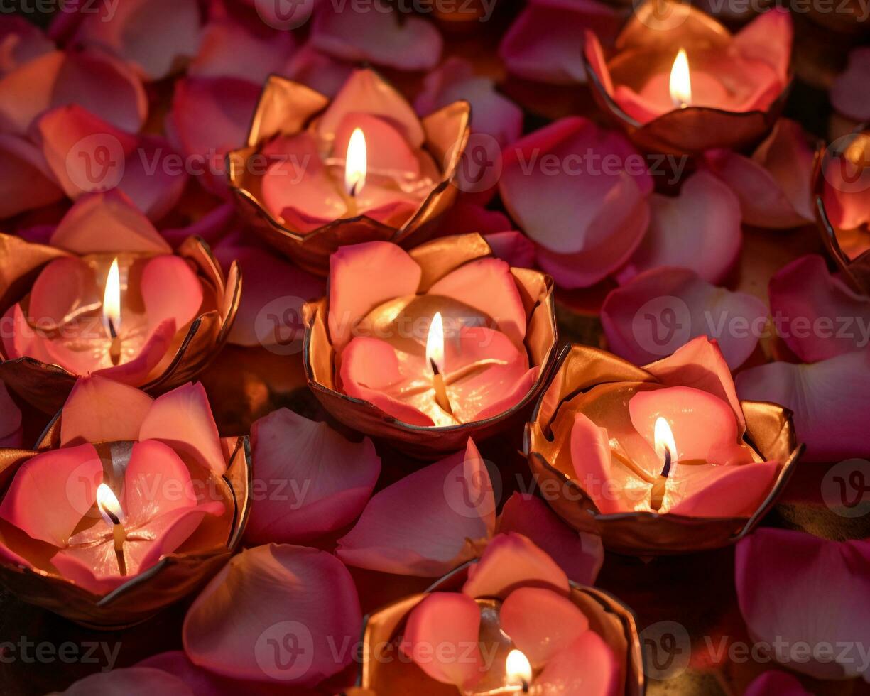 An image showing several burning diyas in the middle of petal petals, diwali stock images, realistic stock photos