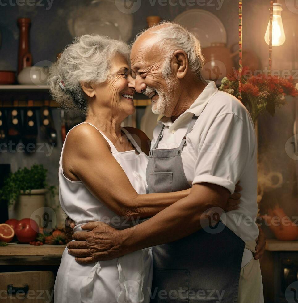 Senior couple smiling while embracing in kitchen stock photos, modern aging stock images, ai generated aging images photo