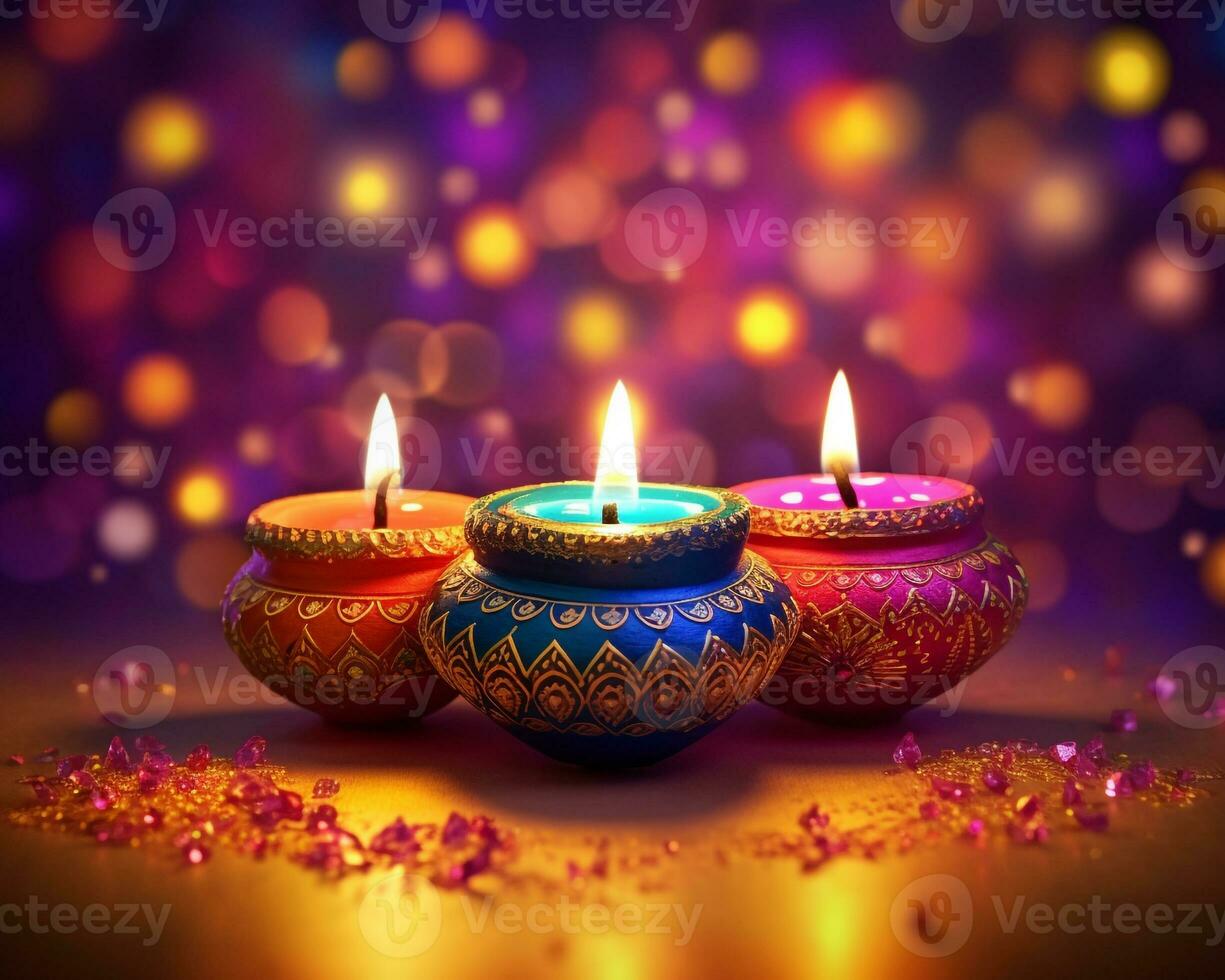 Three lit diwali lamps on a colorful background, diwali stock images and illustrations photo