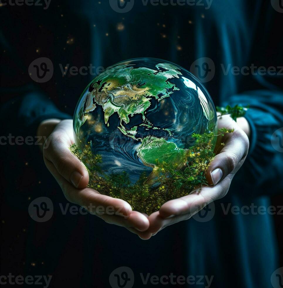 A person's hand holding a green globe, nature stock photo