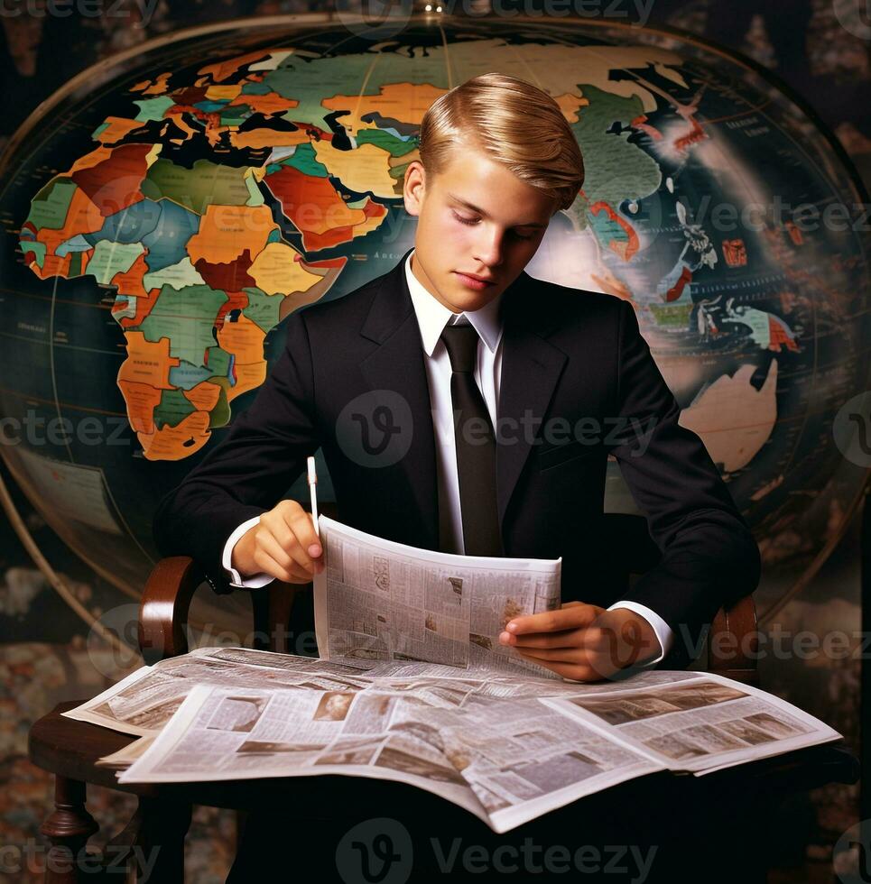 A young investment banker looking at a map of the world, business and marketing stock photos