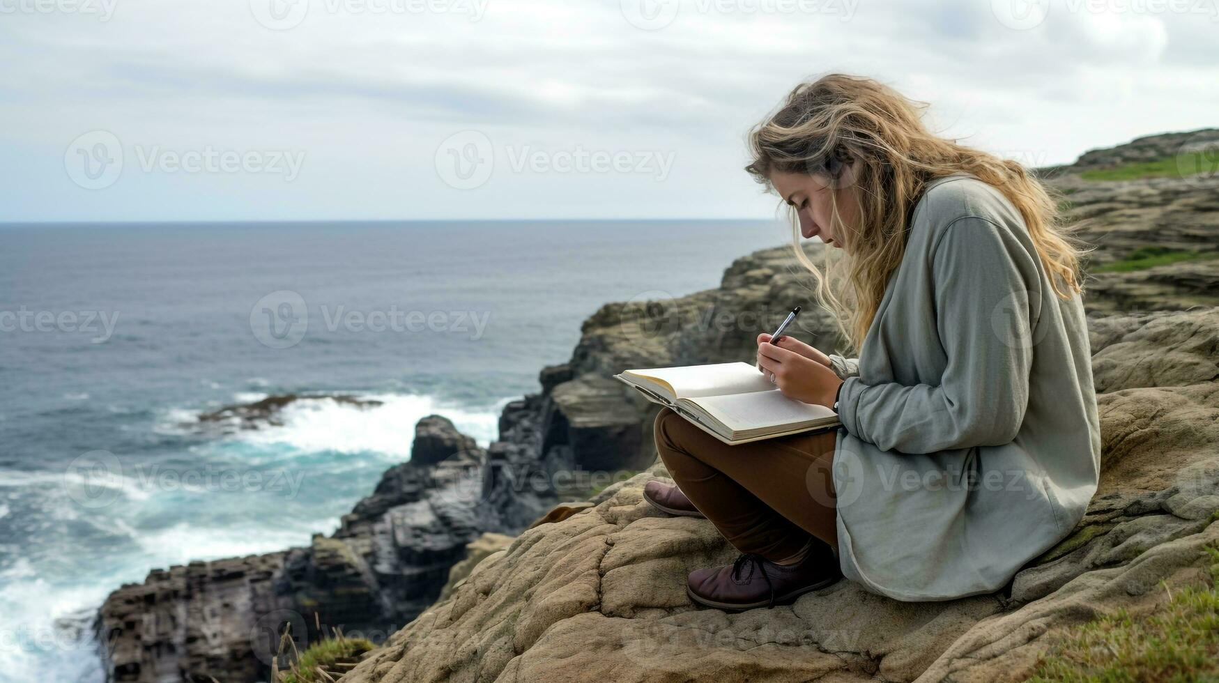 A woman sits on a cliff overlooking the ocean writing in a journal, mental health images, photorealistic illustration photo