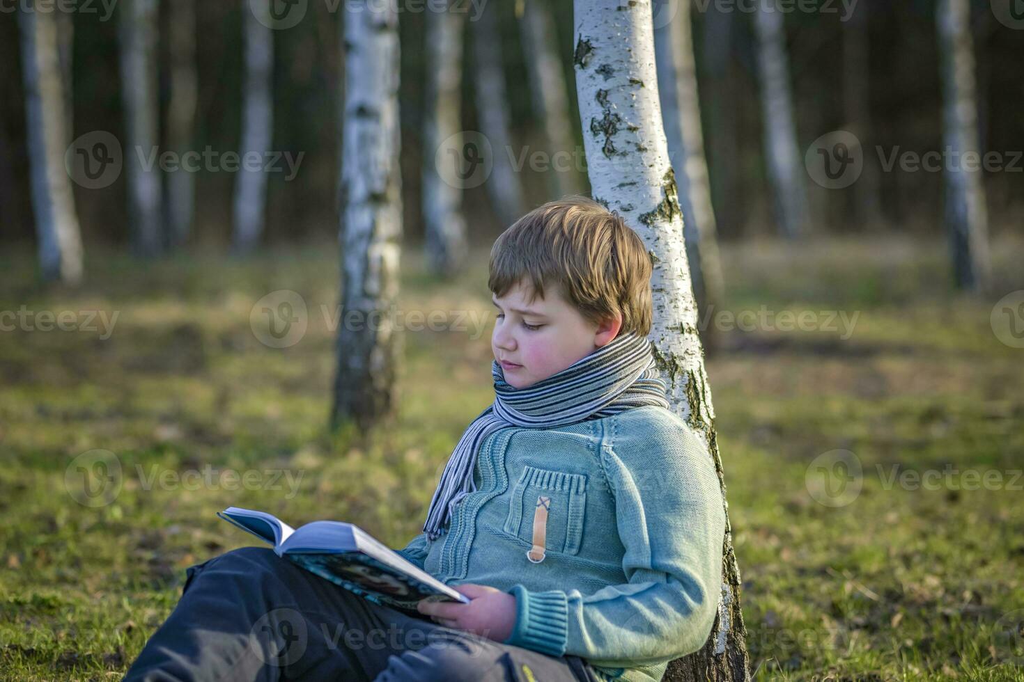A handsome boy in a scarf is in a spring park, sitting under a birch tree, reading a book and enjoying his dreams. photo