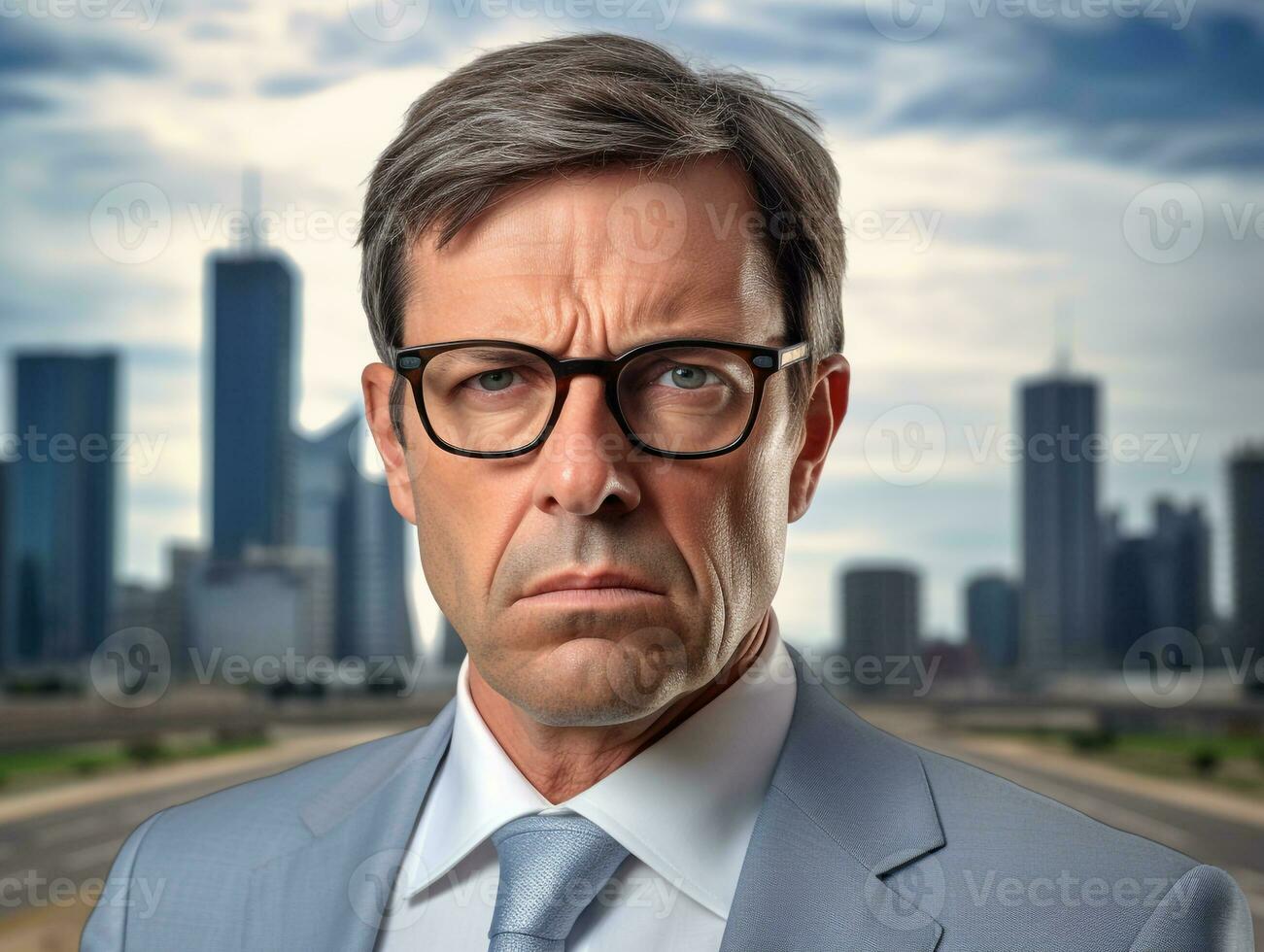 Businessman with glasses in front of city panorama, boss day images photo