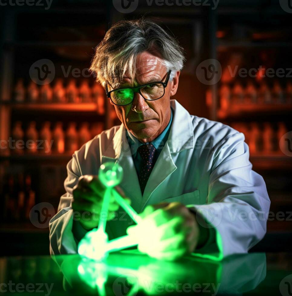 A scientist in a white coat stands in a dark laboratory, medical stock images photo