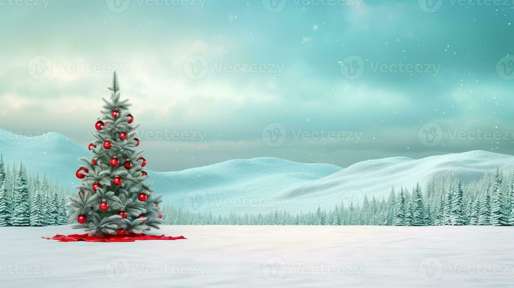 Christmas tree on ski slope in a snowy landscape, christmas image, 3d illustration images photo