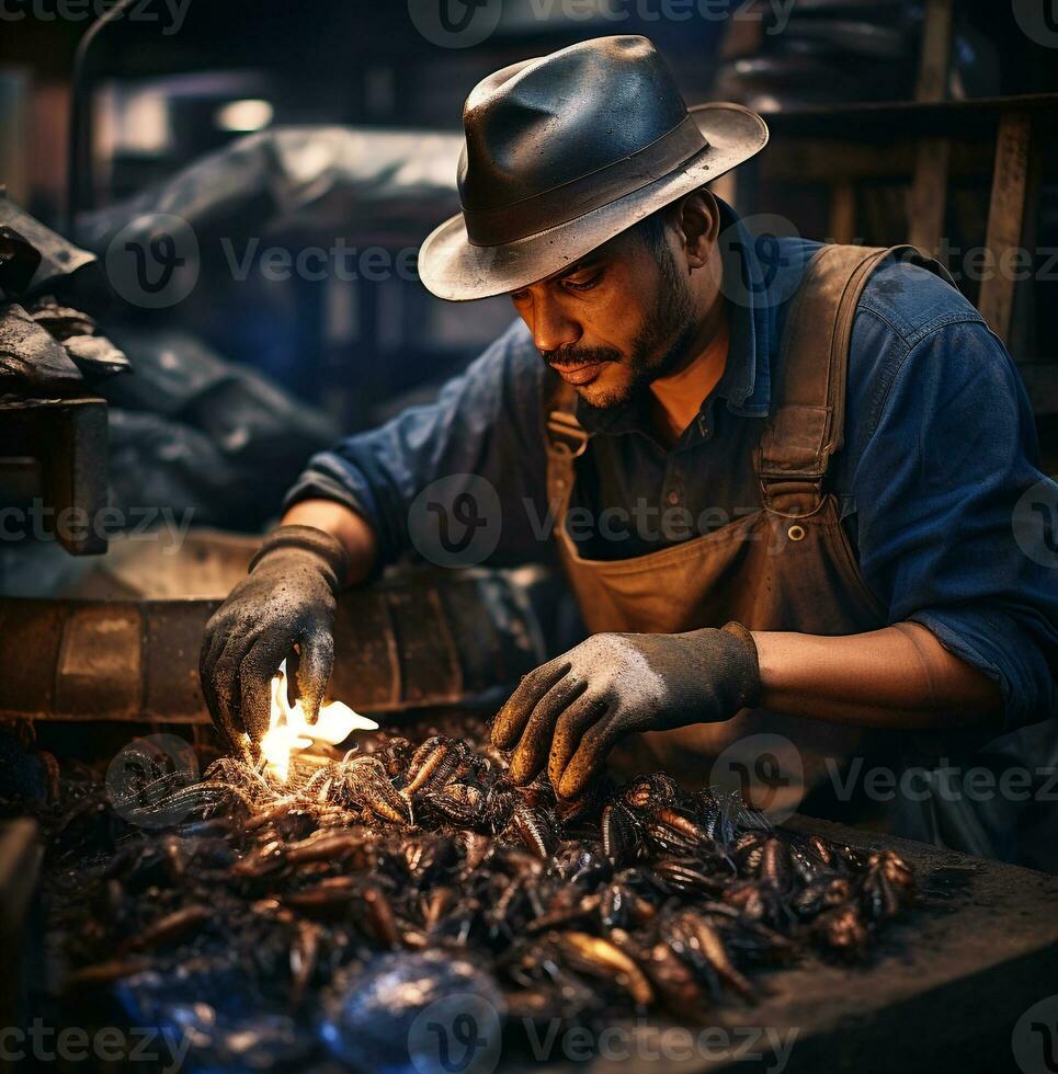 A man with hats and gloves doing work in a recycling factory, nature stock photo