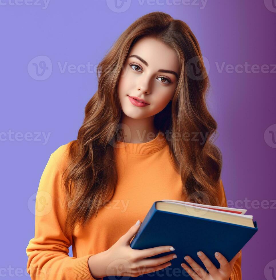 un niña participación un libro en contra un azul fondo, mundo estudiantes día imágenes foto