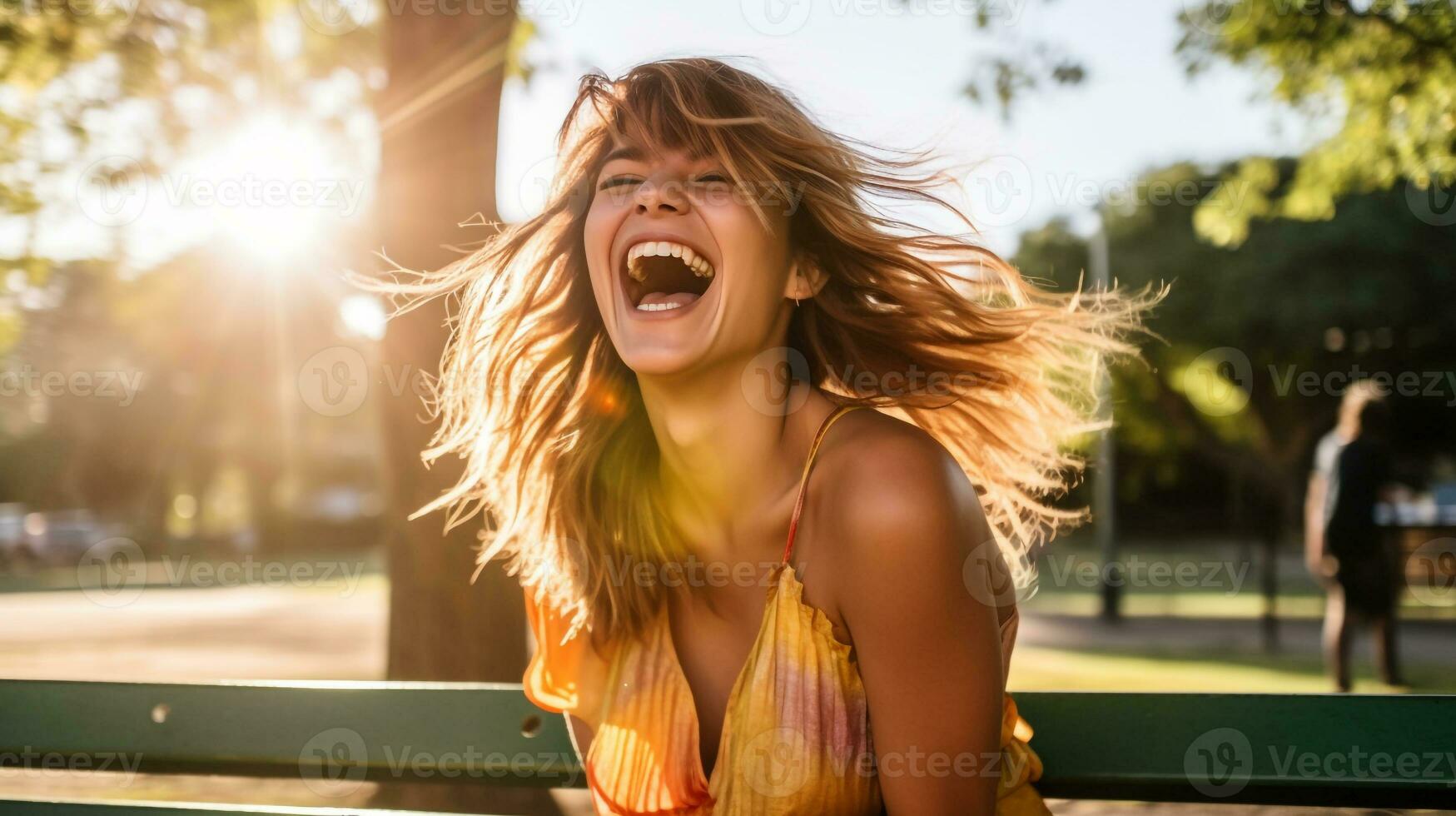 A young woman sitting on a bench in a park, mental health images, photorealistic illustration photo