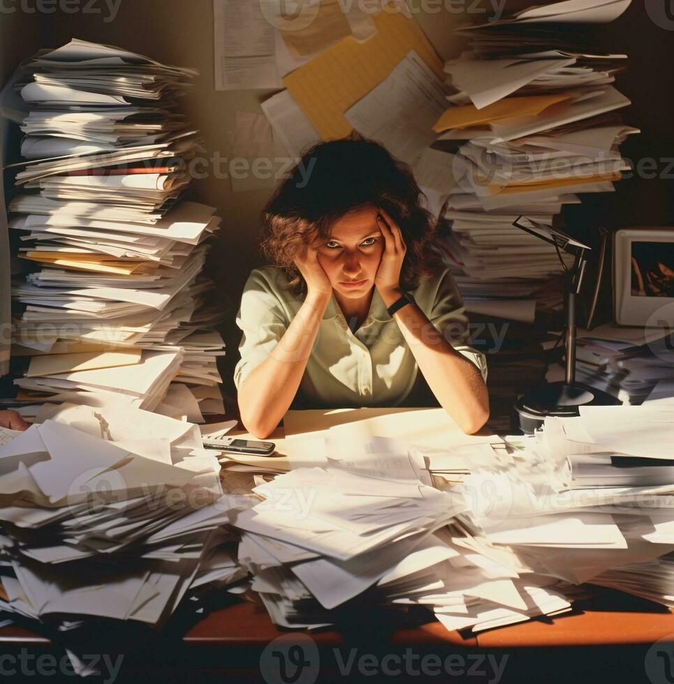 A person sits at a cluttered desk, business and marketing stock photos