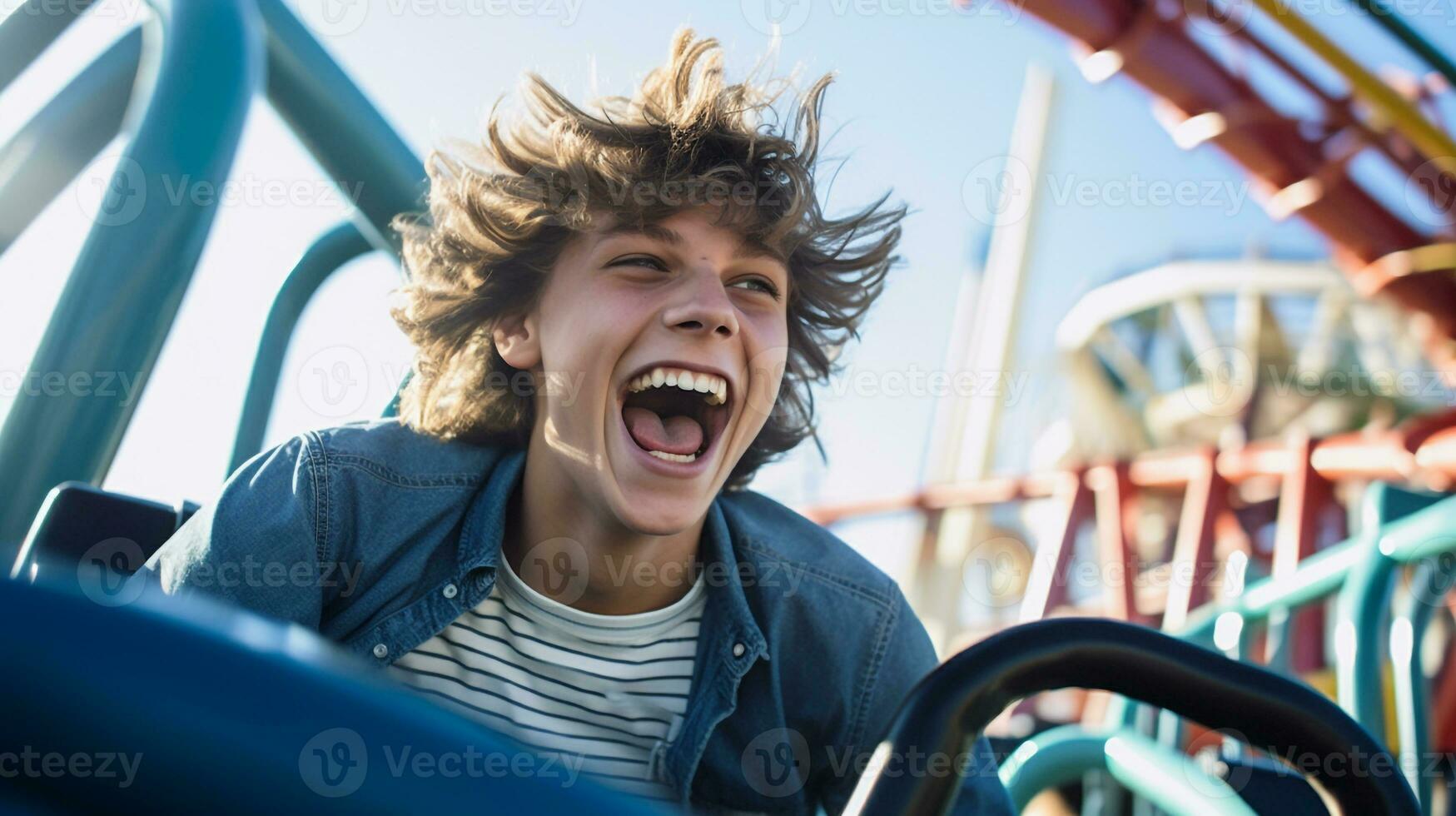 A person laughing as they ride a roller coaster, mental health images, photorealistic illustration photo