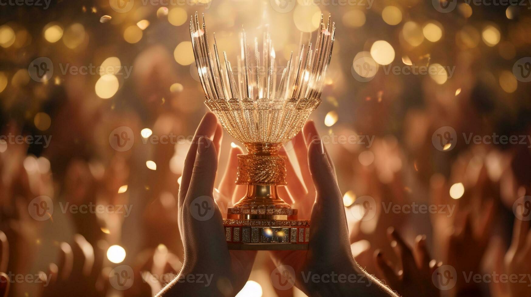 A persons hands are clasped together and they are holding a trophy, mental health images, photorealistic illustration photo