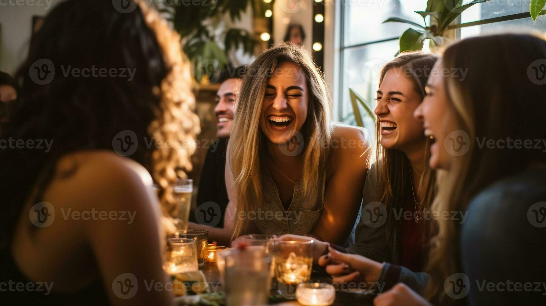 A group of friends laughing as they tell stories, mental health images, photorealistic illustration photo