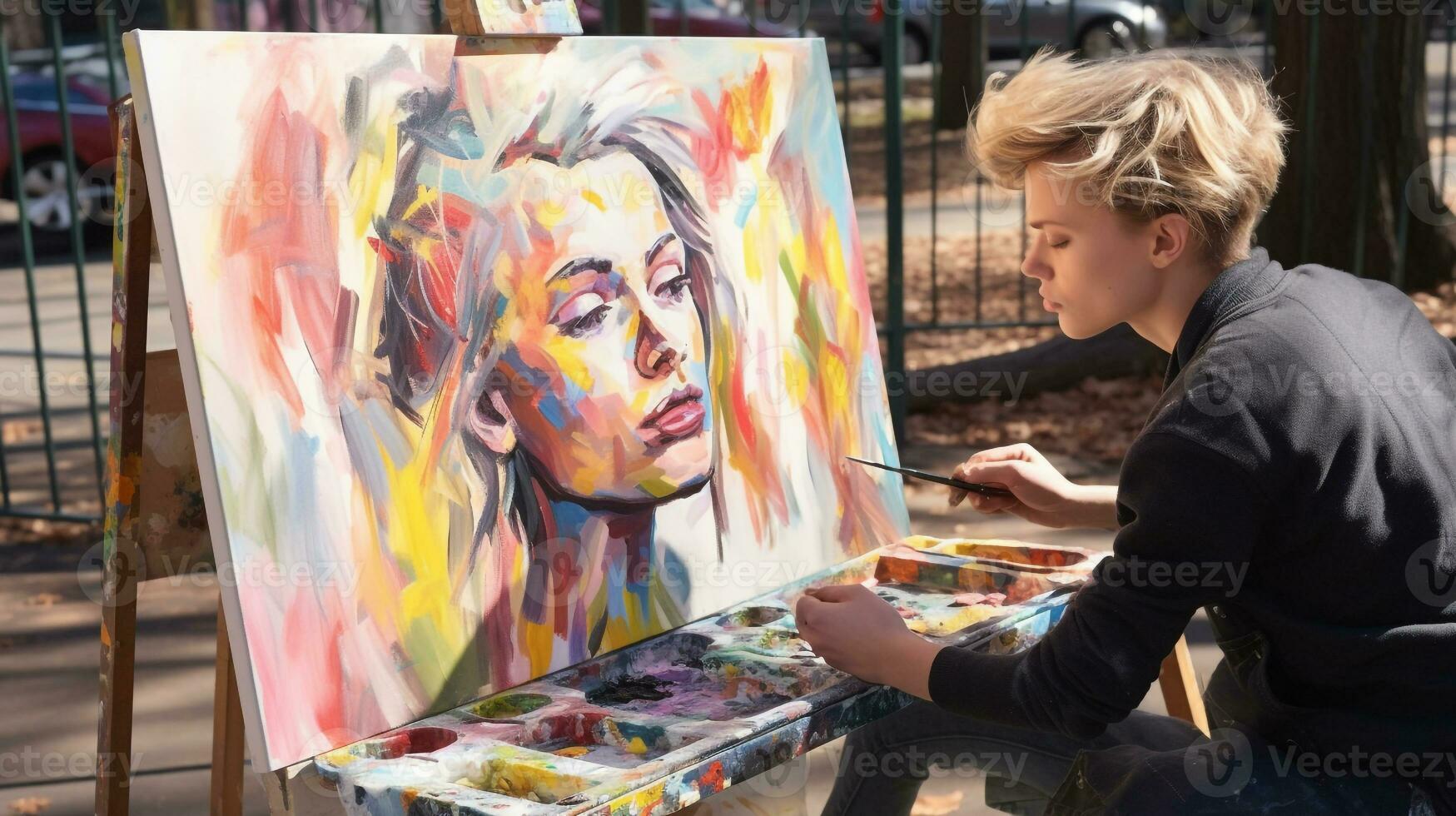 A candid shot of a person painting on a park bench, mental health images, photorealistic illustration photo