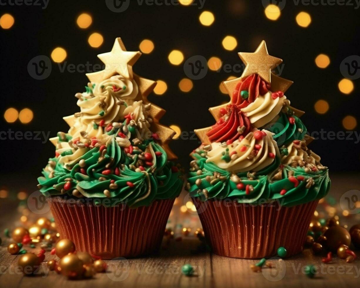 Two christmas tree cupcakes for christmas, christmas image, photorealistic illustration photo