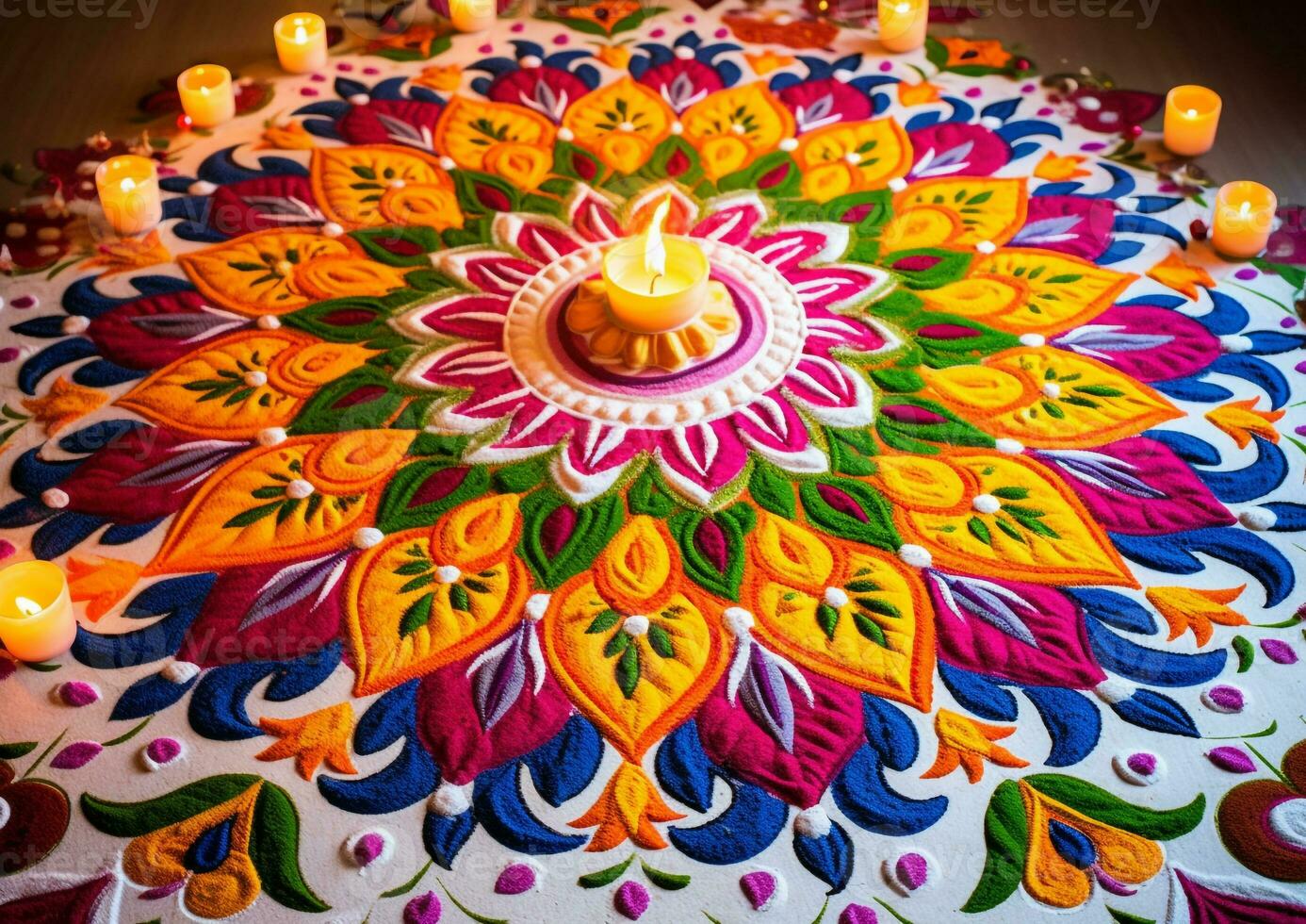 A rangoli decorative pattern made of colored rice, diwali stock images, cartoon illustration art photo