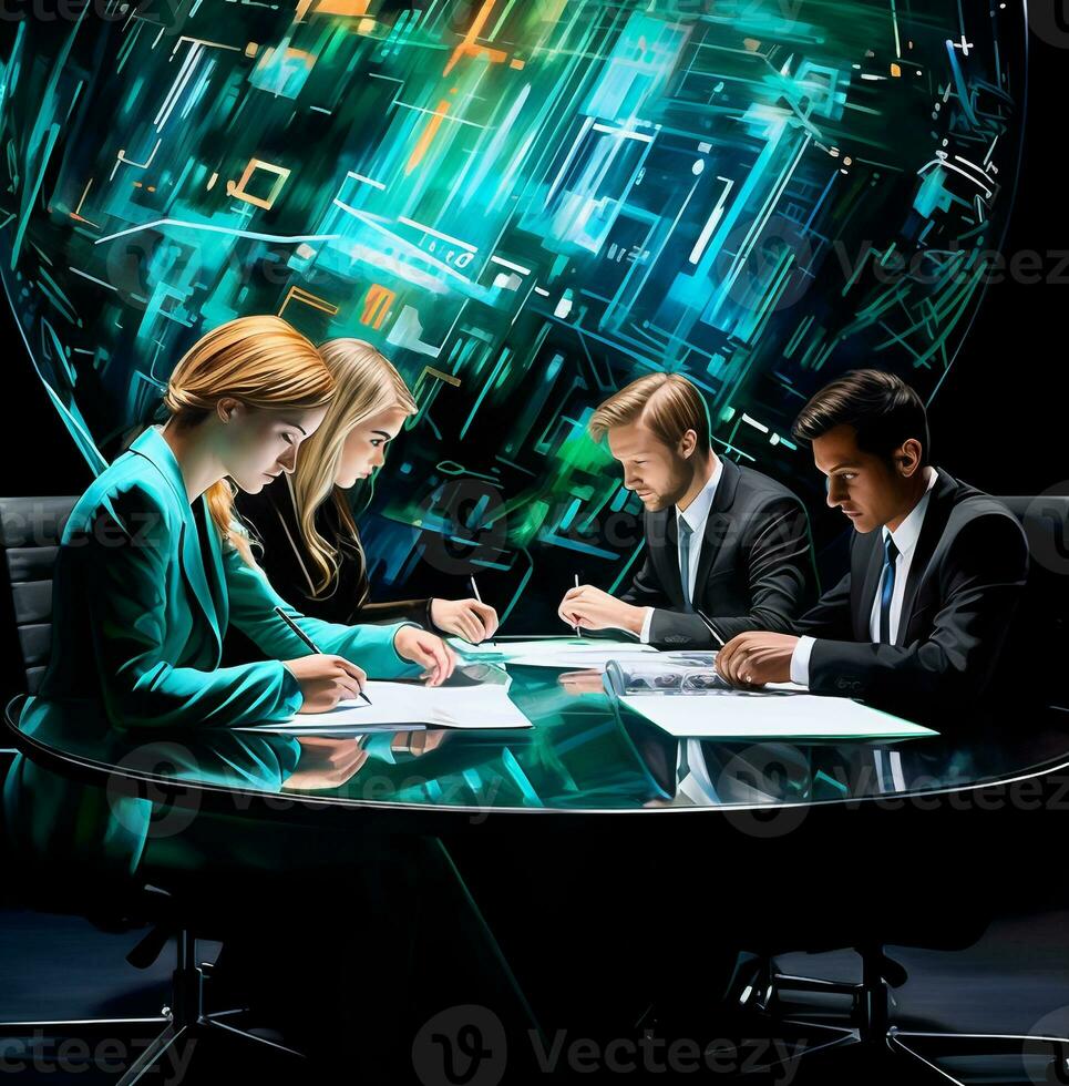 Three business people working on their documents at a table, business and marketing stock photos